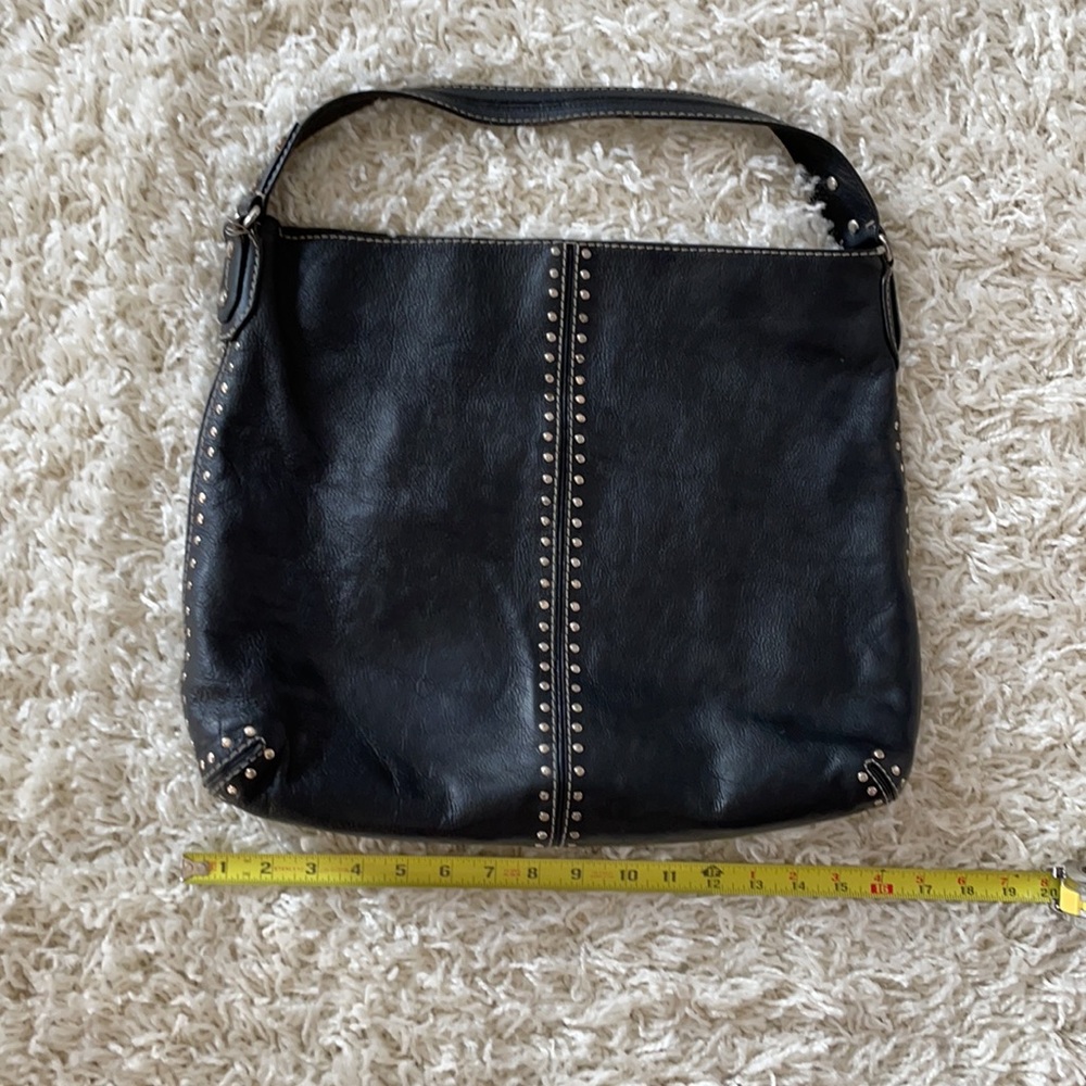 Michael Kors purse handbag, black with silver studs and white stitching